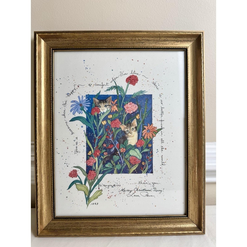 Vintage 90s Framed Cat Kitten Print Art Floral Cottagecore Countrycore 12x10"